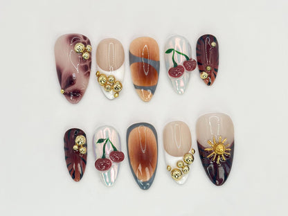 Cherry Glow Fall Press On Nails | Golden Floral and Cherry Accents | Elegant Handcrafted Nail Art| Unique Design | Custom Nails | JC532HC