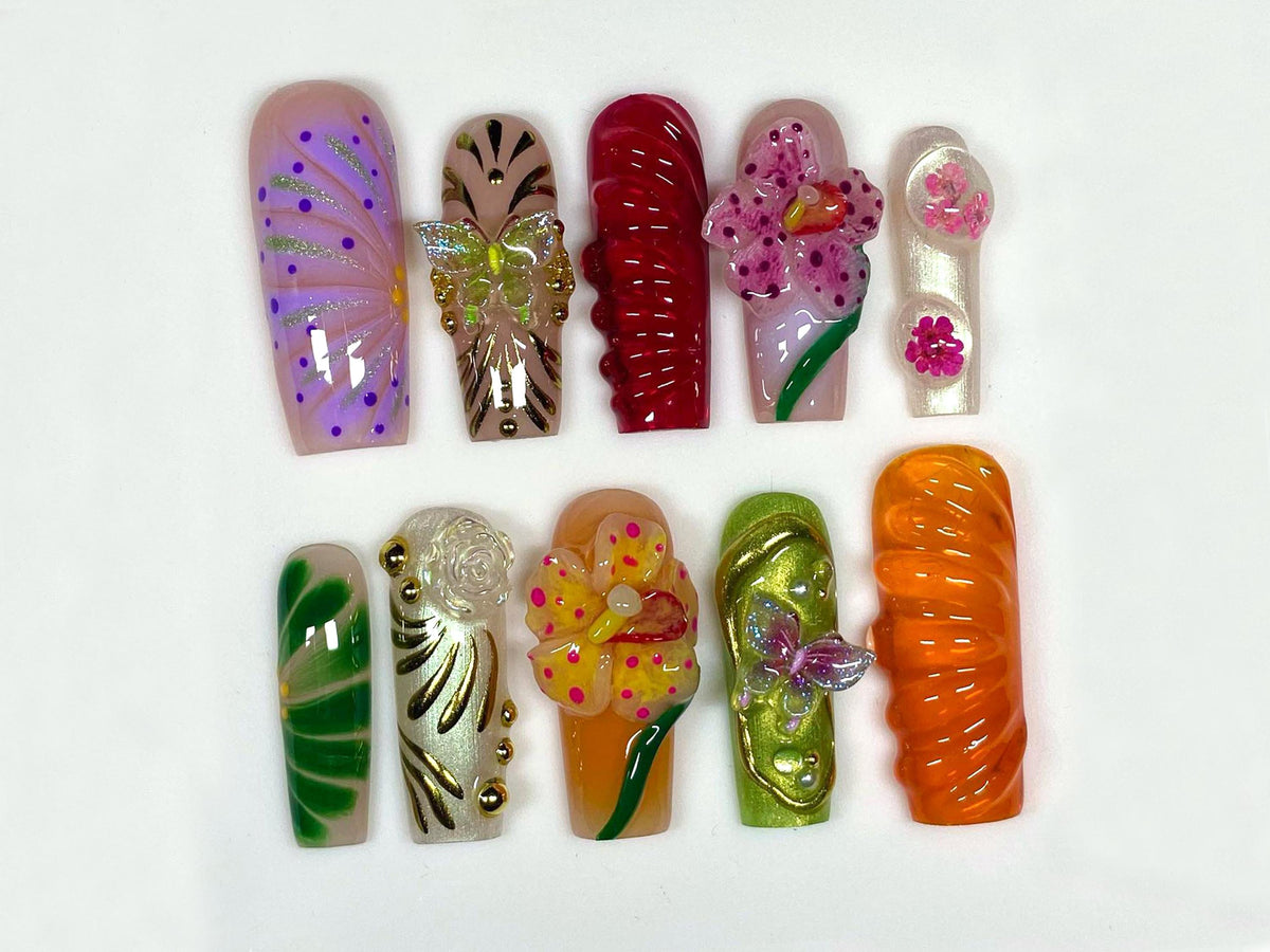 Tropical Paradise Press On Nails | Hand-Painted Floral Designs | Vibrant Summer Nail Art | Unique Handmade Nails | Custom Nail Art | JB533H