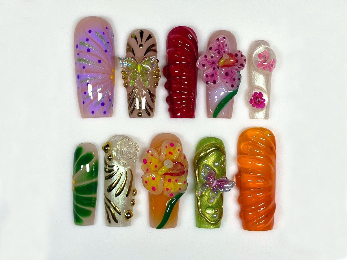 Tropical Paradise Press On Nails | Hand-Painted Floral Designs | Vibrant Summer Nail Art | Unique Handmade Nails | Custom Nail Art | JB533H