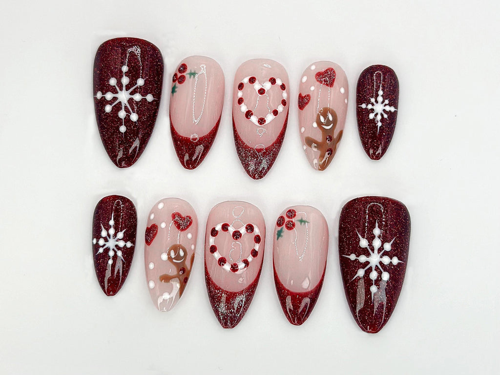 Christmas Glitter Press On Nails | Red & Snowflake Design | Christmas-Inspired Nail Art | Holiday Nail Art Set |  Christmas Gift | JC535HC