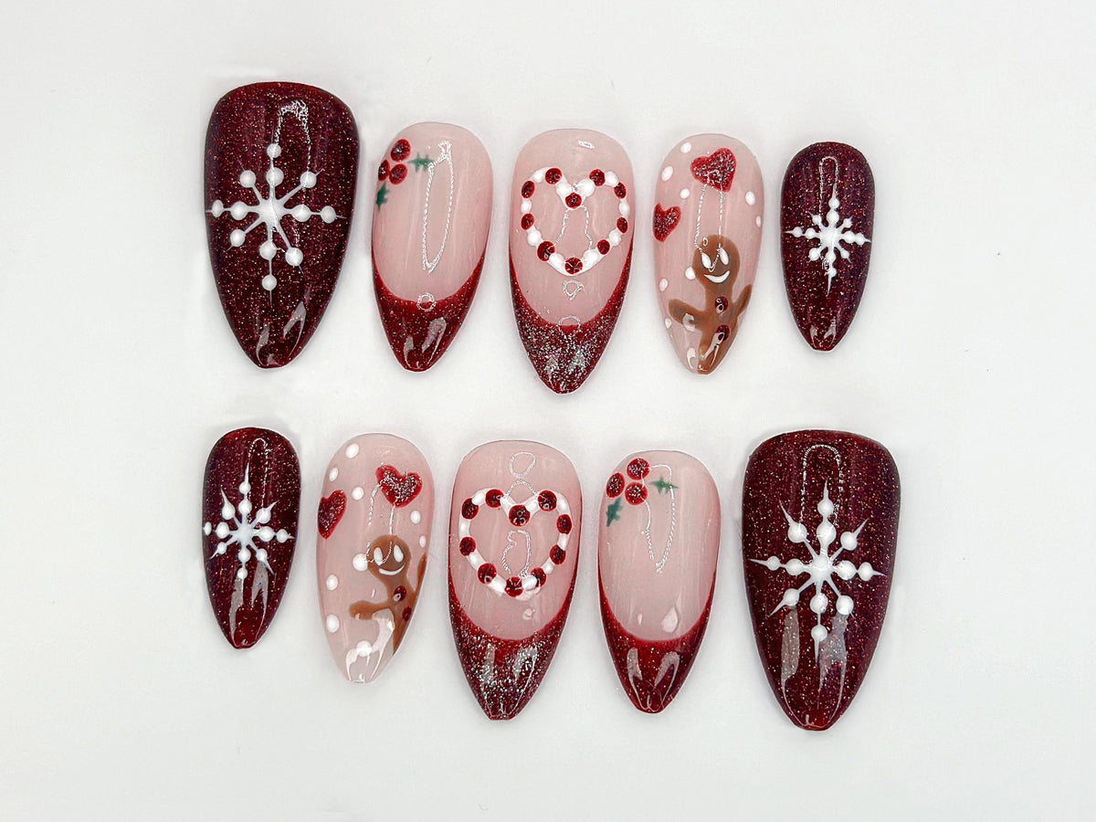 Christmas Glitter Press On Nails | Red & Snowflake Design | Christmas-Inspired Nail Art | Holiday Nail Art Set |  Christmas Gift | JC535HC