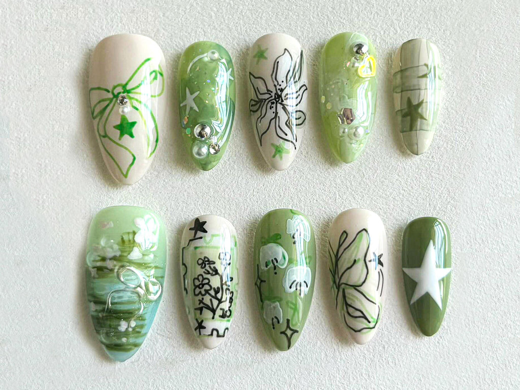 Spring Garden Press-On Nails | Green Leaf & Floral Designs | Handcrafted Faux Nail Art Set | Trendy Nail Art | Unique Handmade Nails |JB534H