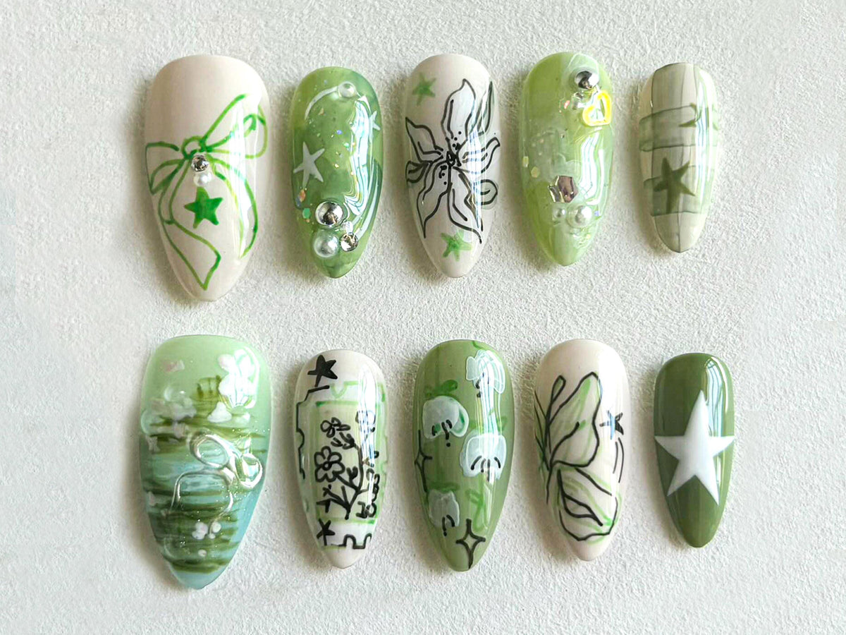 Spring Garden Press-On Nails | Green Leaf & Floral Designs | Handcrafted Faux Nail Art Set | Trendy Nail Art | Unique Handmade Nails |JB534H
