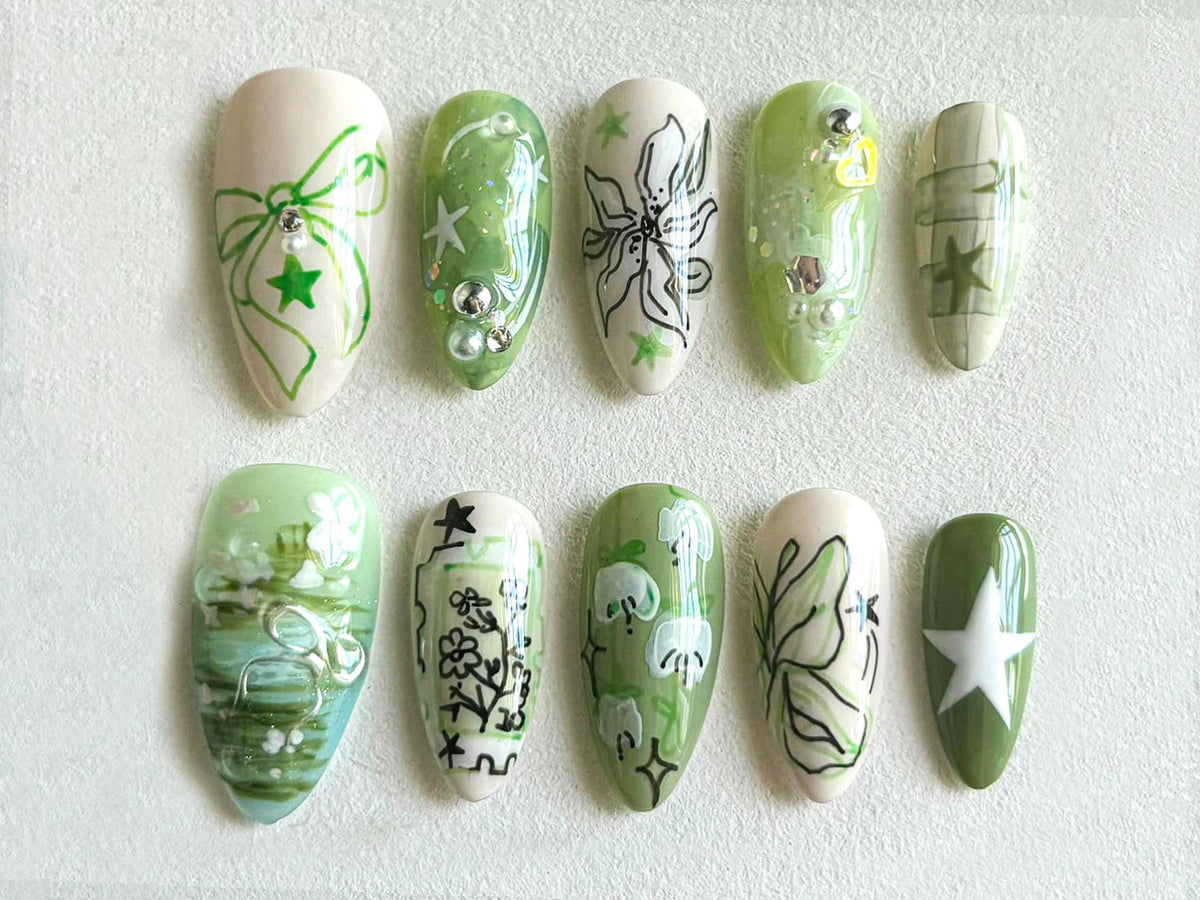 Spring Garden Press-On Nails | Green Leaf & Floral Designs | Handcrafted Faux Nail Art Set | Trendy Nail Art | Unique Handmade Nails |JB534H