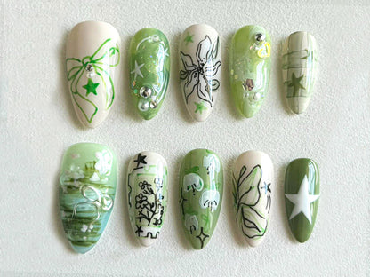 Spring Garden Press-On Nails | Green Leaf & Floral Designs | Handcrafted Faux Nail Art Set | Trendy Nail Art | Unique Handmade Nails |JB534H