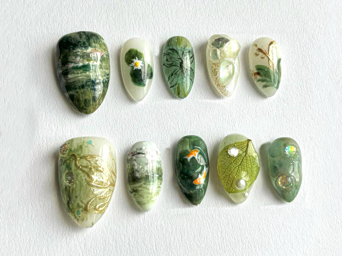 Elegant 3D Nature Press On Nails | Nature-Inspired Green Nails with Realistic Koi and Leaf Designs | Real Leaf Accents | JB575H