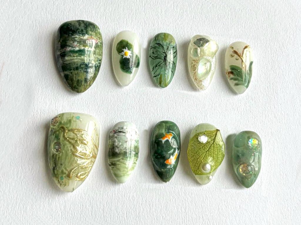 Elegant 3D Nature Press On Nails | Nature-Inspired Green Nails with Realistic Koi and Leaf Designs | Real Leaf Accents | JB575H