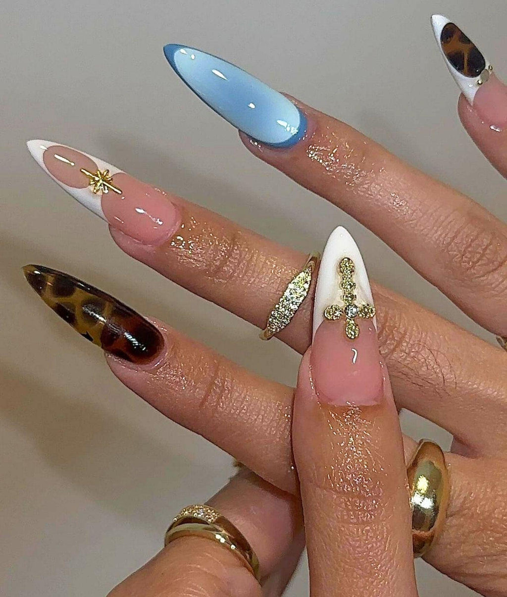 Long Stiletto Fall Nail Set, Brown Nails Press On with Cross Charm, French Tips Nail Art, Handmade Acrylic Autumn Fake Nail, Birthday Nails.