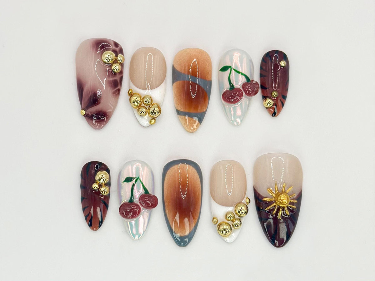Cherry Glow Fall Press On Nails | Golden Floral and Cherry Accents | Elegant Handcrafted Nail Art| Unique Design | Custom Nails | JC532HC