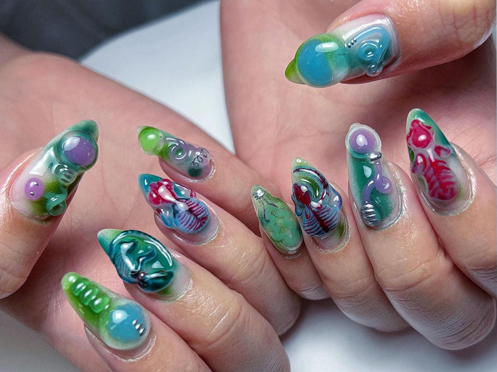 Bio-Experiment Press On Nails | 3D Fossil and Skeleton Details | Glow Effect & 3D Design | Mad scientist Nail Art |JB550HC