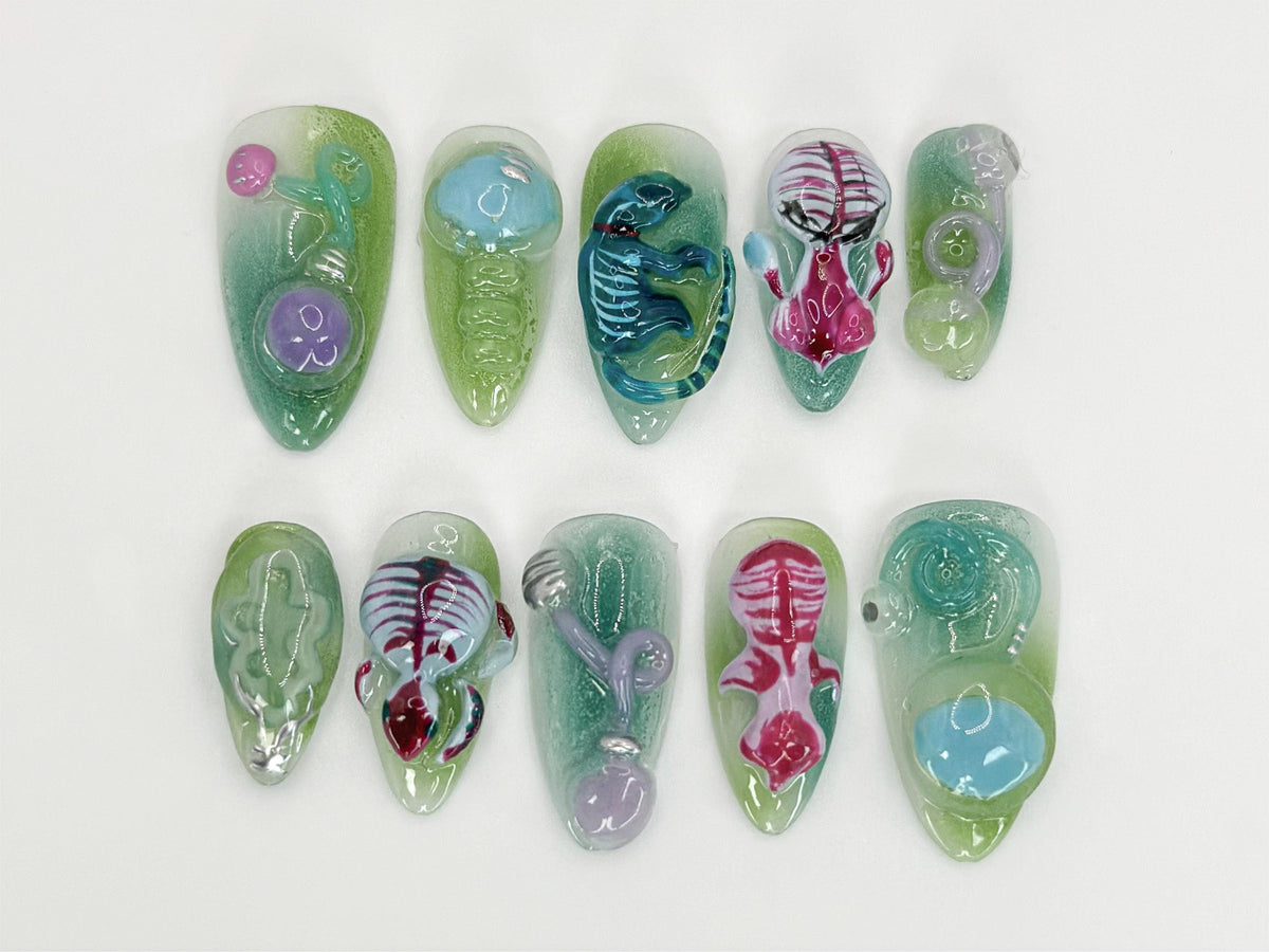 Bio-Experiment Press On Nails | 3D Fossil and Skeleton Details | Glow Effect & 3D Design | Mad scientist Nail Art |JB550HC
