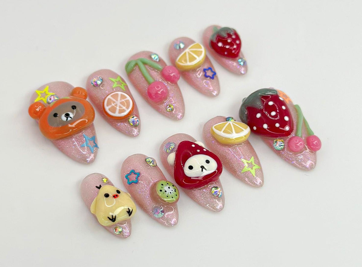 Kawaii Cartoon Press On Nails | Strawberry & Cherry Design |  Fun Kawaii Animal Nails | Handmade Glitter Nail |Fun Kawaii Nail Art|JB585HC