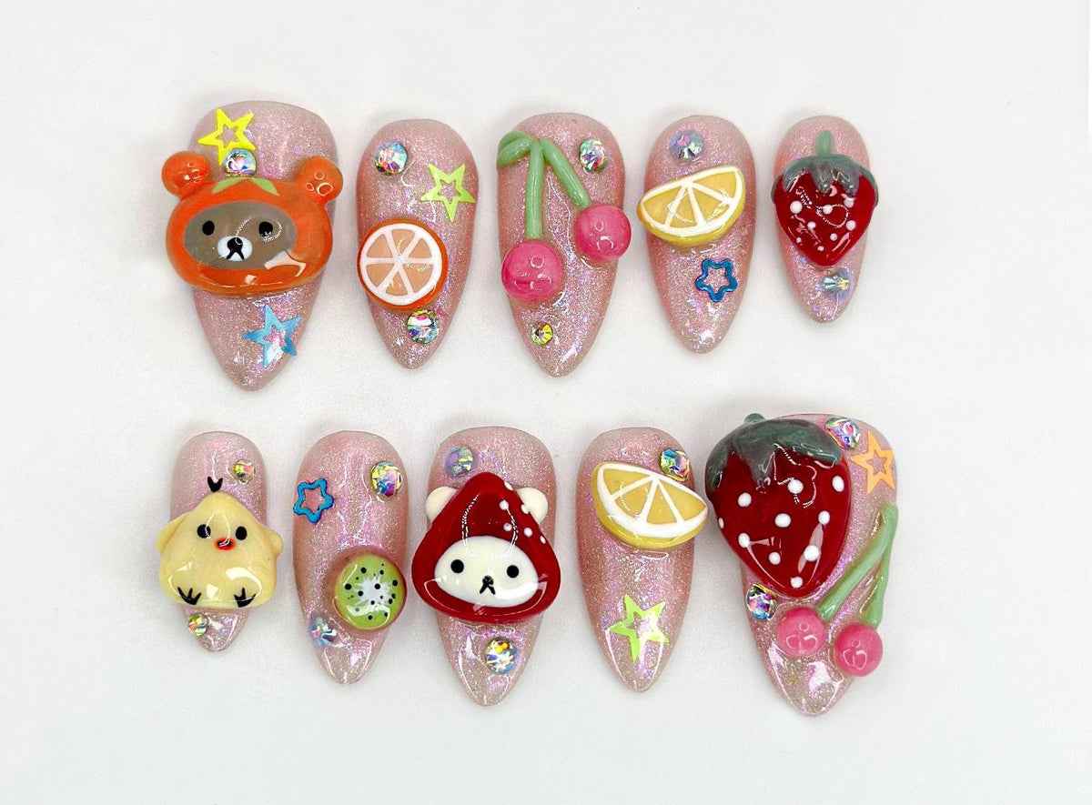 Kawaii Cartoon Press On Nails | Strawberry & Cherry Design |  Fun Kawaii Animal Nails | Handmade Glitter Nail |Fun Kawaii Nail Art|JB585HC