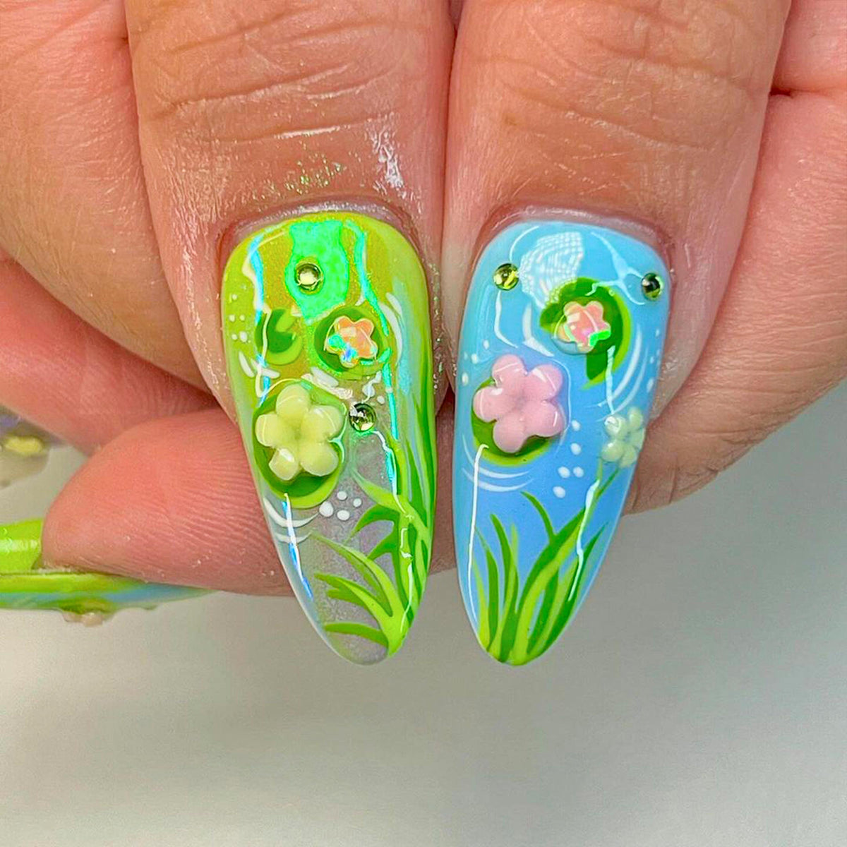 Enchanted Spring Meadow Press On Nails | Spring Green and Blue 3D Duck Design | Custom Nature-Themed Duck & Waterlily Nails | JB554HC