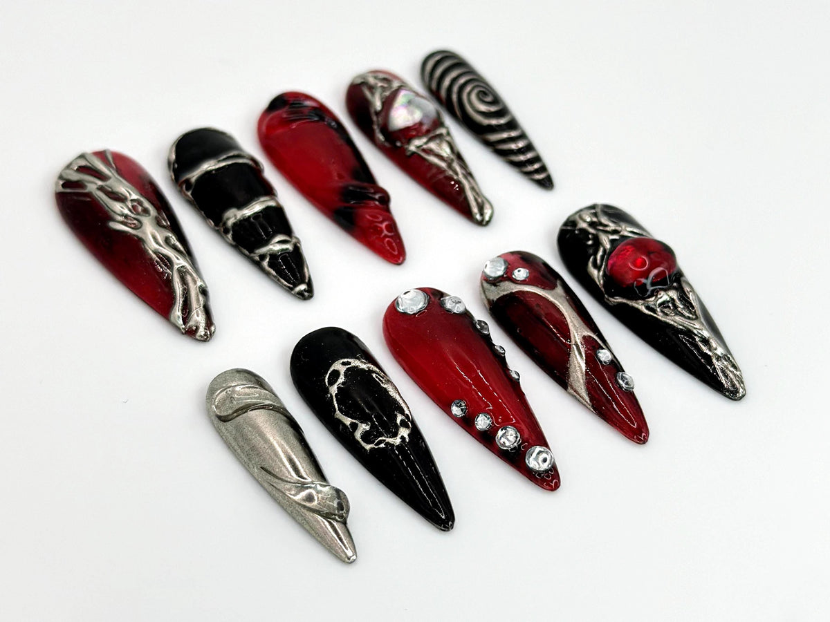 Unique Gothic-Inspired Press On Nails | Edgy Black & Red Metallic Nails | Long Stiletto with Silver Details | Gothic Style | JB589HK