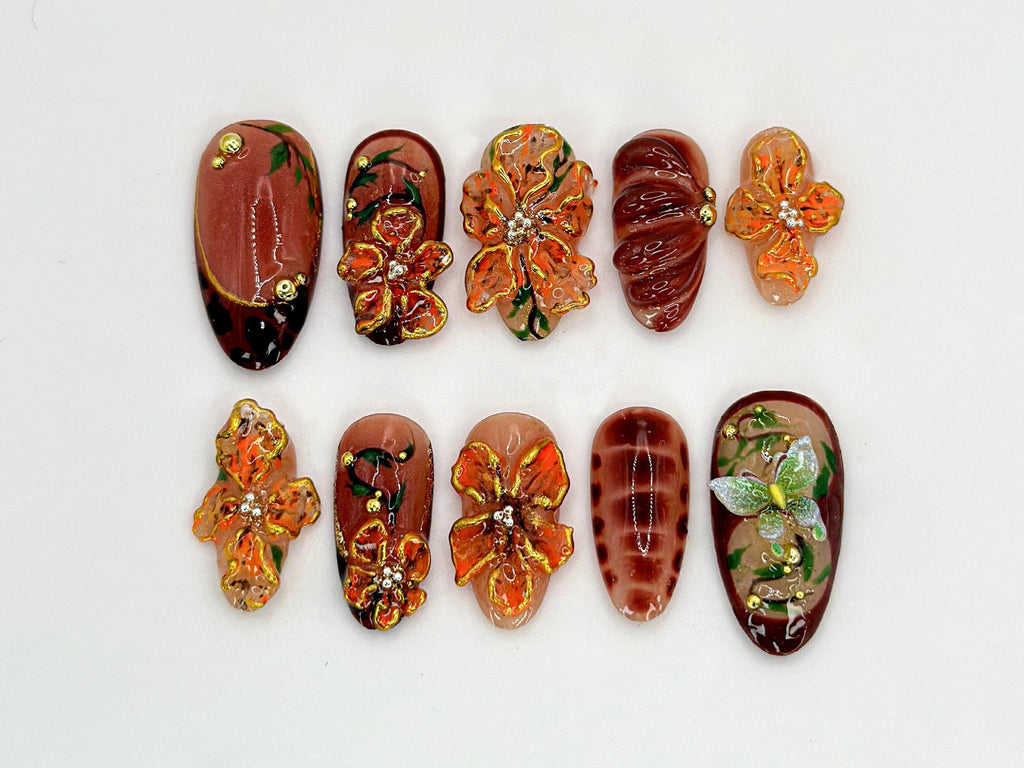 Custom Brown Floral Press-On Nails | Fall Leaves Design | Brown and Orange 3D Nail Art | Custom Nail Design | Autumn Elegance | JB595H
