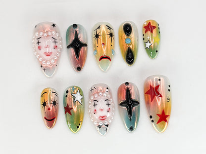 Artistic Clown-Themed Press On Nails |  Bold and Vibrant Carnival-Inspired Design | Unique and Artistic Nail Design| Limited Edition|JB578HK