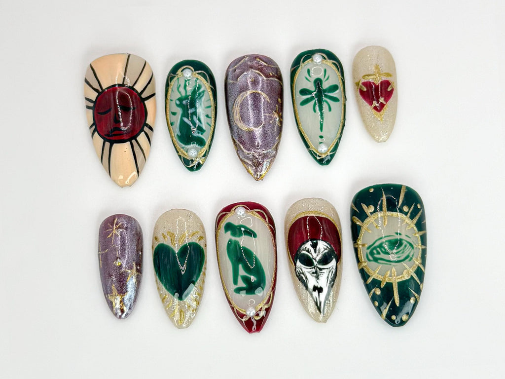 Mystic Gothic Press On Nails | Handmade Tarot-Inspired Nail  | Handcrafted Nails with Celestial Designs | Unique Mystical Nail|JB560HC