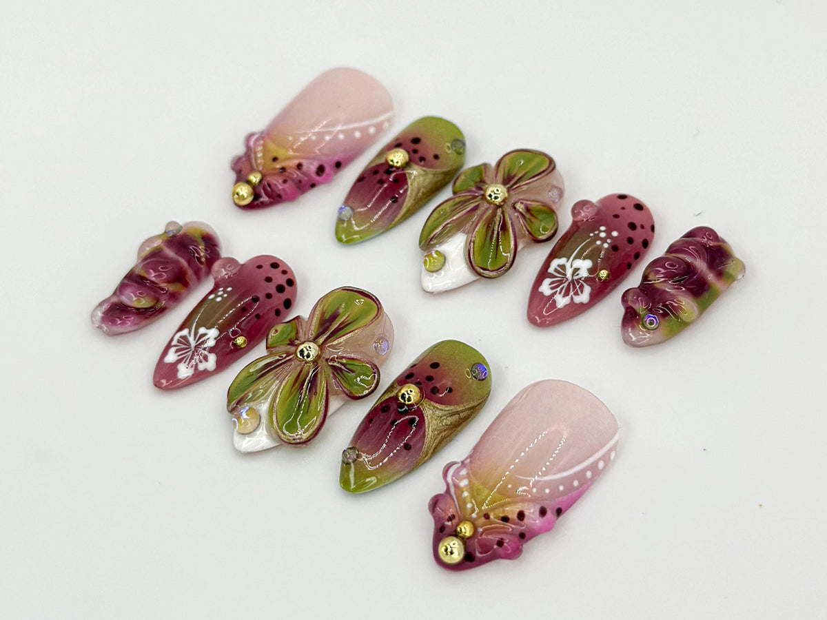 Fresh Fruit Inspired Press-On Nails | Watermelon & Blossom Design | 3D Flowers Handmade Nail Art  Hand-Painted Press-Ons | JB592HC