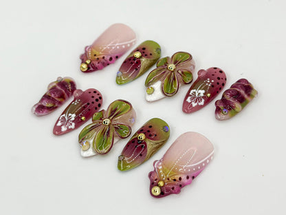 Fresh Fruit Inspired Press-On Nails | Watermelon & Blossom Design | 3D Flowers Handmade Nail Art  Hand-Painted Press-Ons | JB592HC