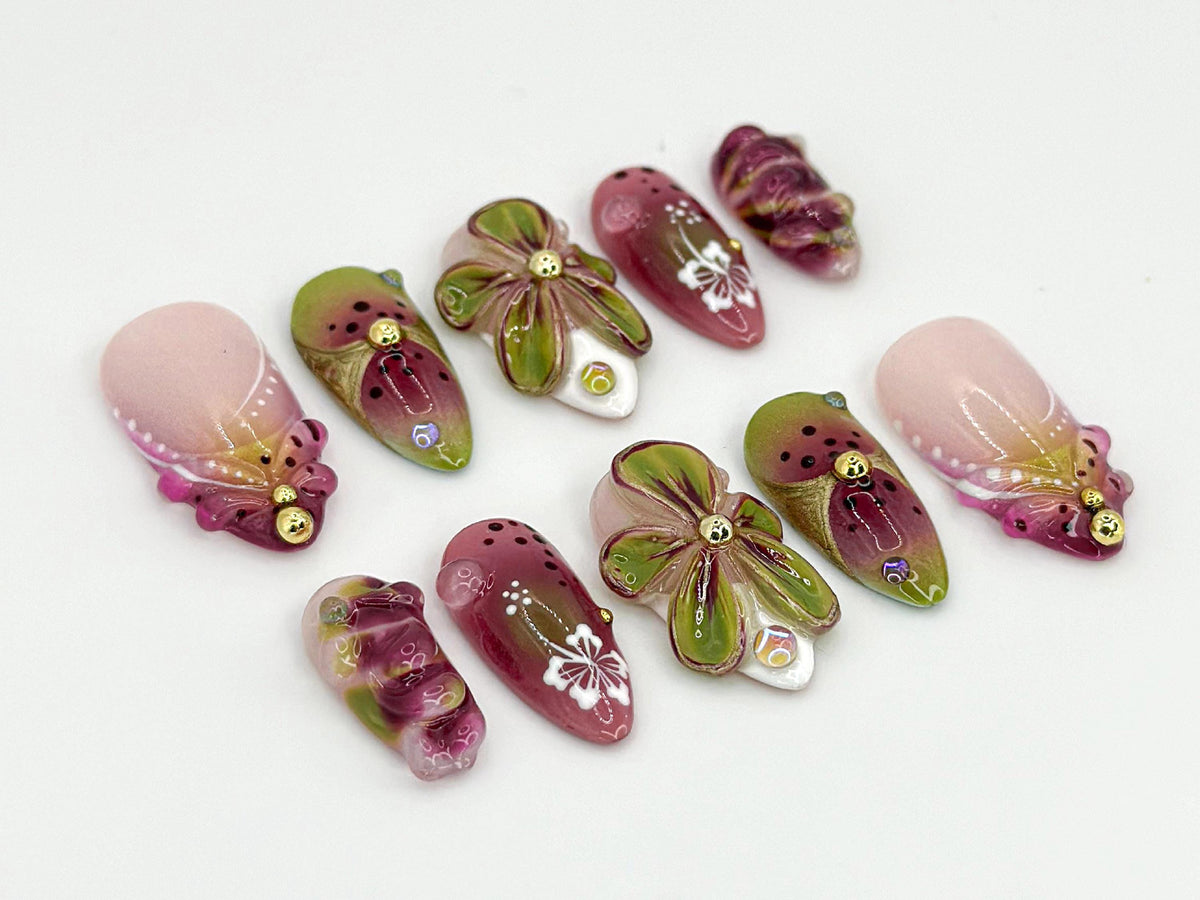 Fresh Fruit Inspired Press-On Nails | Watermelon & Blossom Design | 3D Flowers Handmade Nail Art  Hand-Painted Press-Ons | JB592HC
