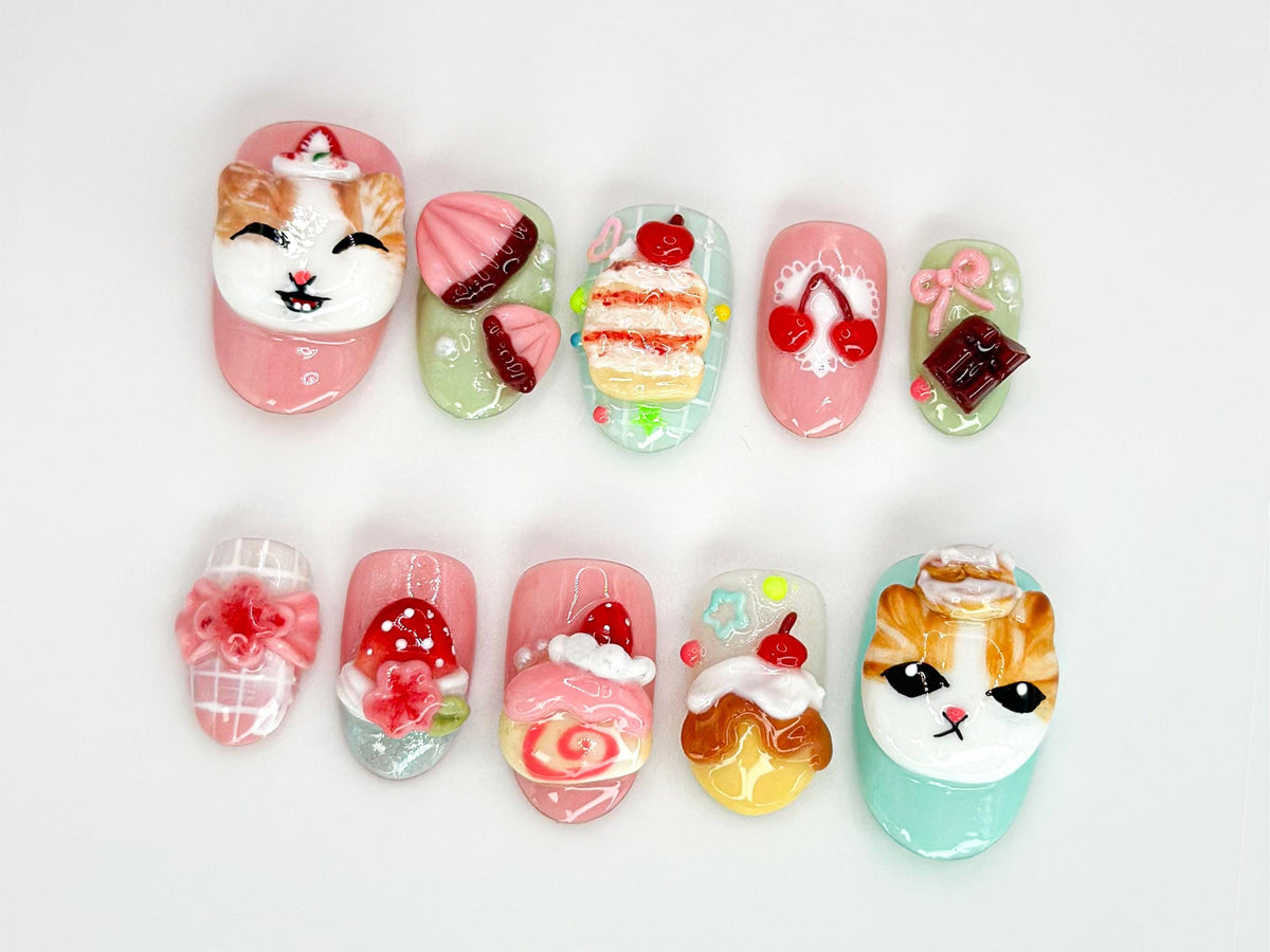 Cute 3D Dessert Press On Nails | Kawaii Dessert & Cat-Themed 3D Nails | Adorable Cat and Sweet Treats Design | Cute Nail Design Set |JB542HK