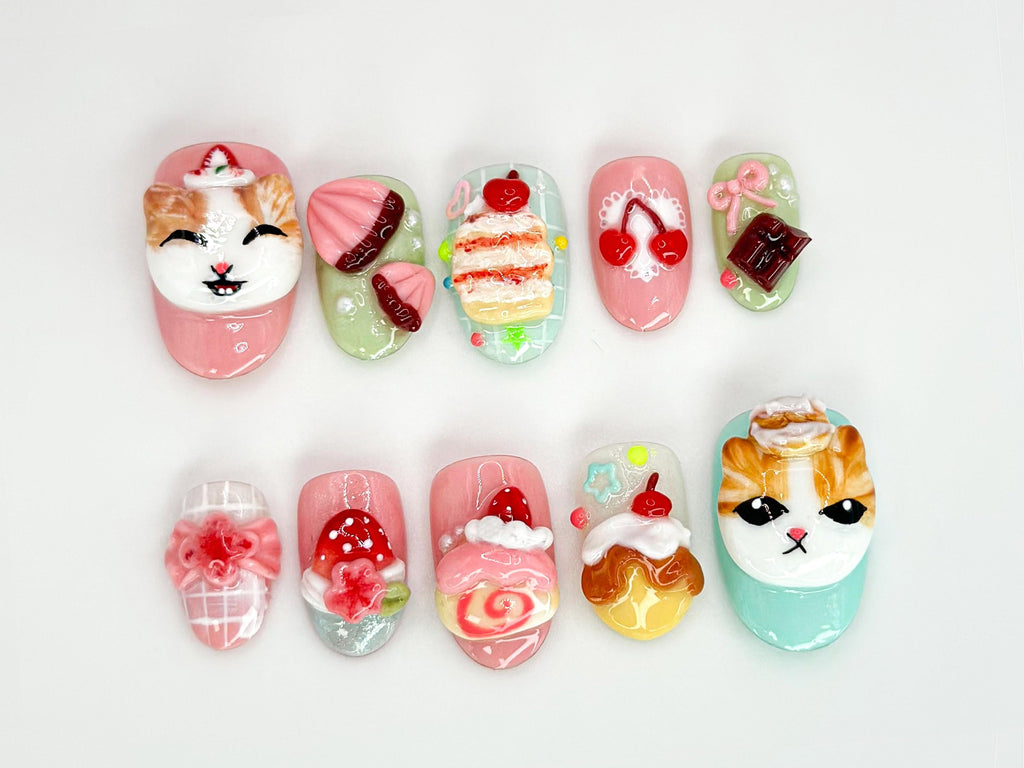 Cute 3D Dessert Press On Nails | Kawaii Dessert & Cat-Themed 3D Nails | Adorable Cat and Sweet Treats Design | Cute Nail Design Set |JB542HK