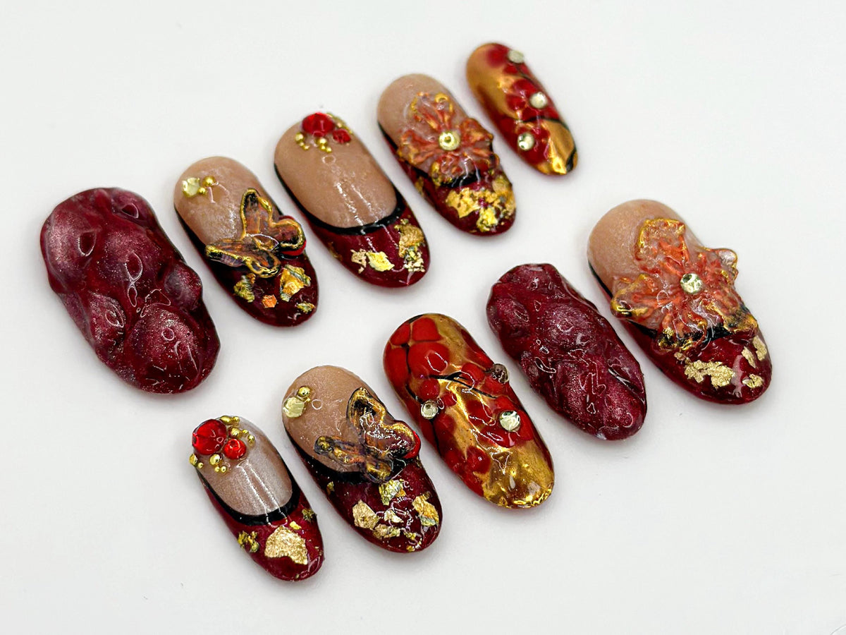 Spring Red Floral Press On Nails | Luxurious Red and Gold Nails with 3D Flowers | Gold Foil Accents |  3D Butterfly Design | JB598H