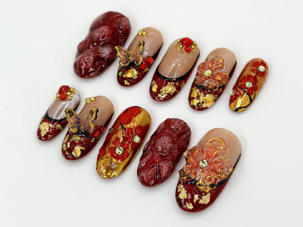 Spring Red Floral Press On Nails | Luxurious Red and Gold Nails with 3D Flowers | Gold Foil Accents |  3D Butterfly Design | JB598H