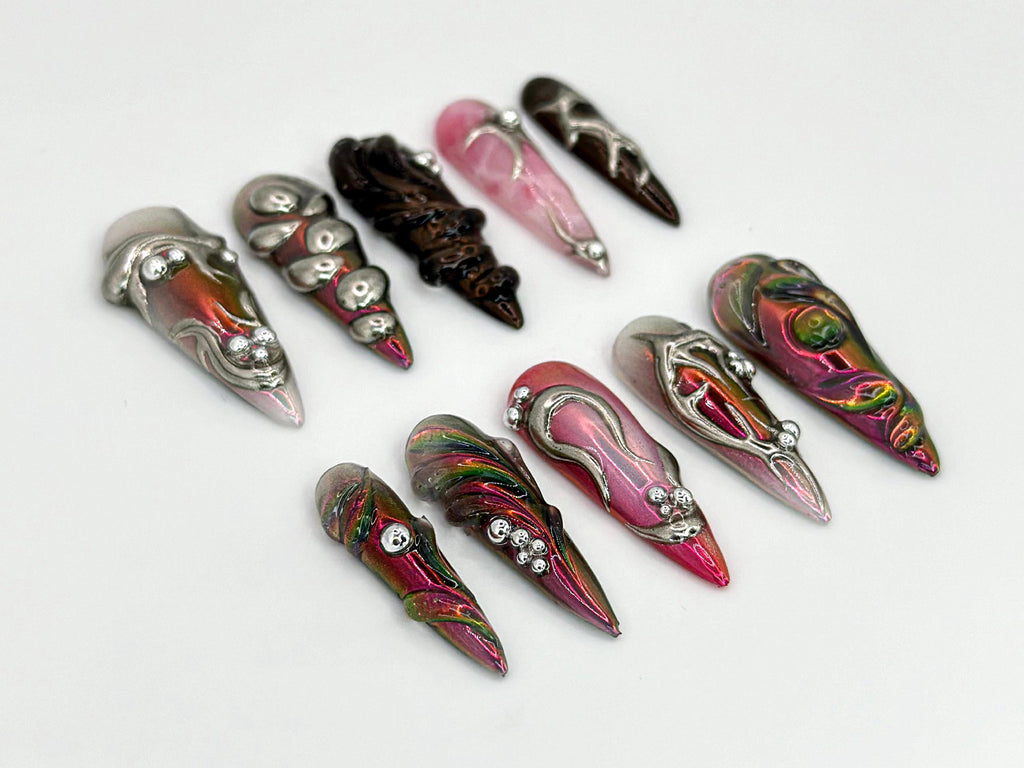 Gothic Metallic Press On Nails | Futuristic Metallic and Pink Nails with 3D Designs | Art Deco-Inspired Chrome  | 3D Silver Details |JB600HK
