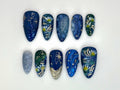 Midnight Daisy Garden Press On Nails | Handpainted Blue Ocean Waves & Starfish Nails | Ocean Themed Nail Art with Gold Accents | JB531HC