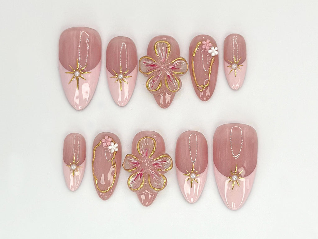 Blush Bloom Elegance Press On Nails | Designer Fake Nails with Gold Detailing | Pink and Gold Luxury Nail | Sophisticated False Nail|JC532HK