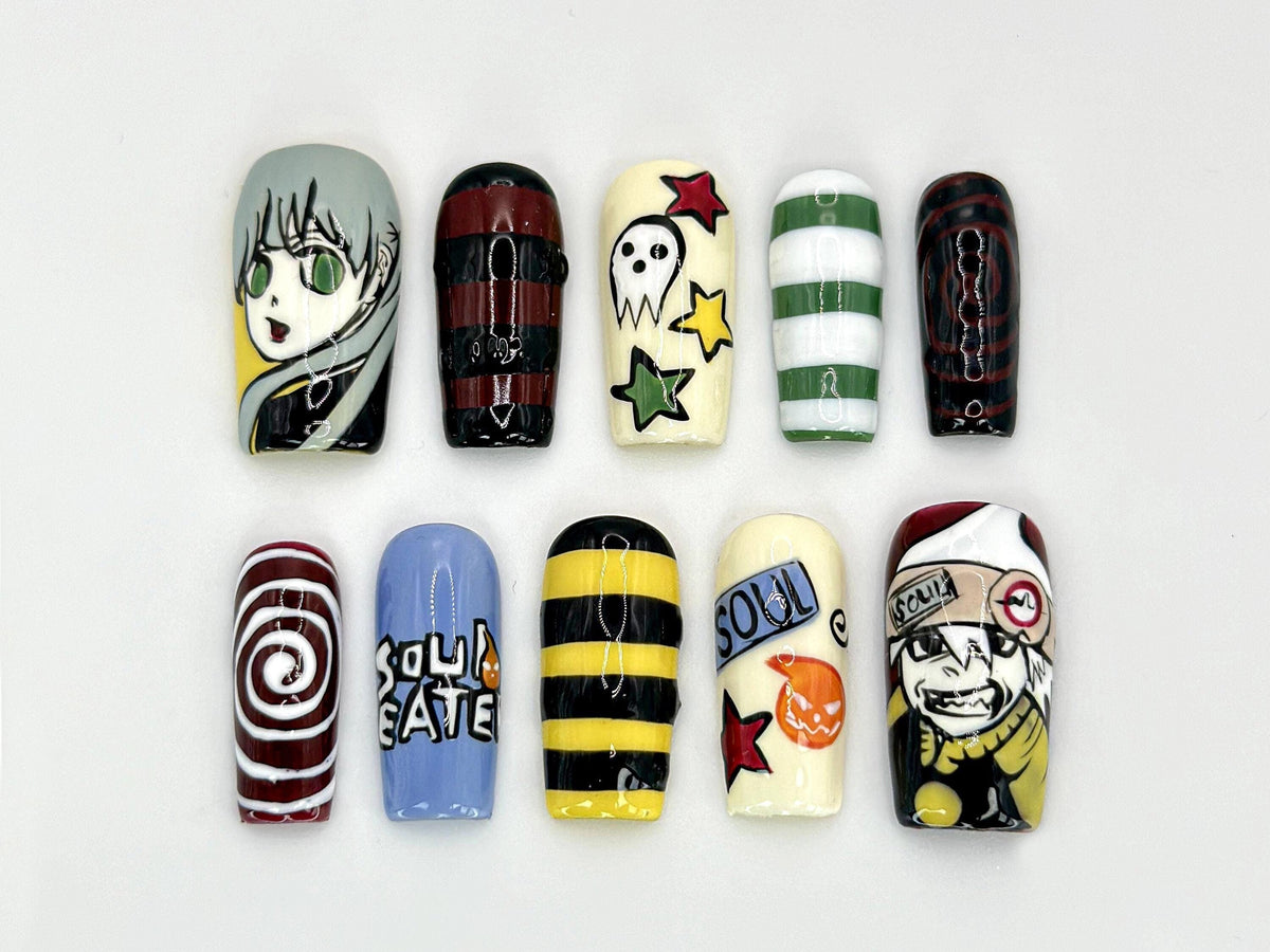 Soul Eater Anime Press-On Nails | Artistic Anime Nails with Iconic Characters | Anime-Inspired Soul Eater Design | For Anime Fans | JB601HC