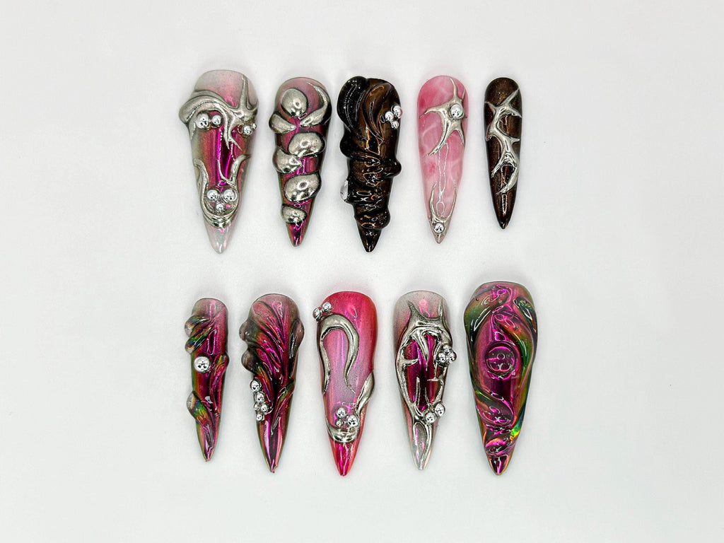 Gothic Metallic Press On Nails | Futuristic Metallic and Pink Nails with 3D Designs | Art Deco-Inspired Chrome  | 3D Silver Details |JB600HK