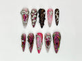 Gothic Metallic Press On Nails | Futuristic Metallic and Pink Nails with 3D Designs | Art Deco-Inspired Chrome  | 3D Silver Details |JB600HK
