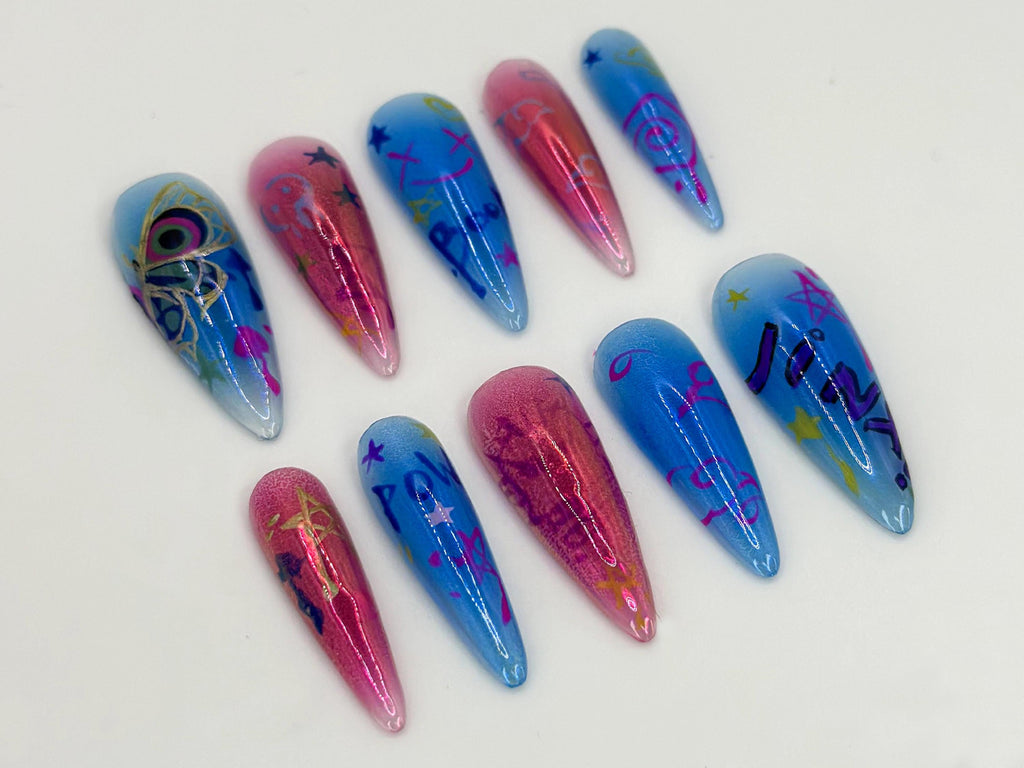 League of Legends Jinx Nail Art | Pink & Blue Graffiti Stiletto Nails | Custom Pop Art Ombre Nails | Jinx Graffiti Nail Art | JB595HC