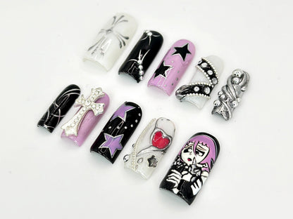Soul Eater Crona Nail Art | Anime Art, Cross, and Heart Accent | Soul Eater-Themed Nails for Anime Fan | Gothic Design | JB613HC