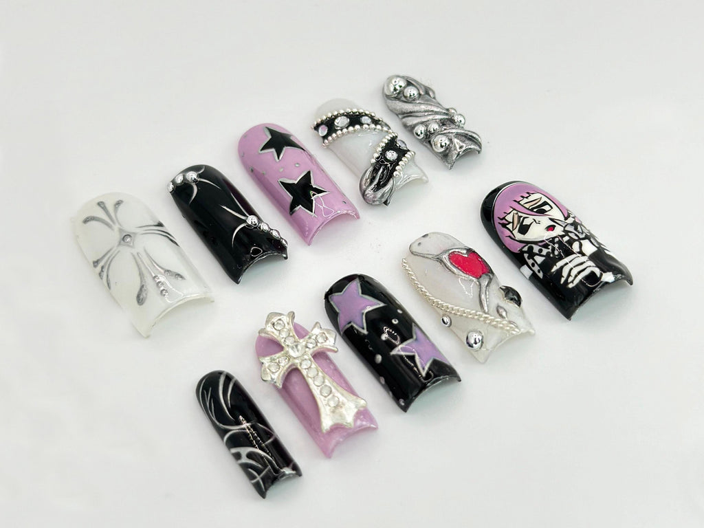 Soul Eater Crona Nail Art | Anime Art, Cross, and Heart Accent | Soul Eater-Themed Nails for Anime Fan | Gothic Design | JB613HC