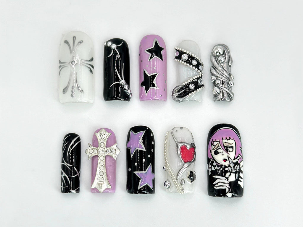 Soul Eater Crona Nail Art | Anime Art, Cross, and Heart Accent | Soul Eater-Themed Nails for Anime Fan | Gothic Design | JB613HC