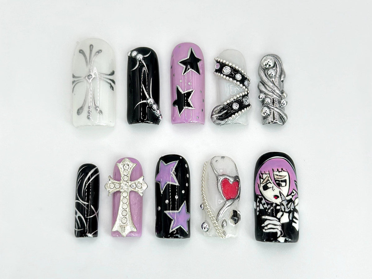 Soul Eater Crona Nail Art | Anime Art, Cross, and Heart Accent | Soul Eater-Themed Nails for Anime Fan | Gothic Design | JB613HC