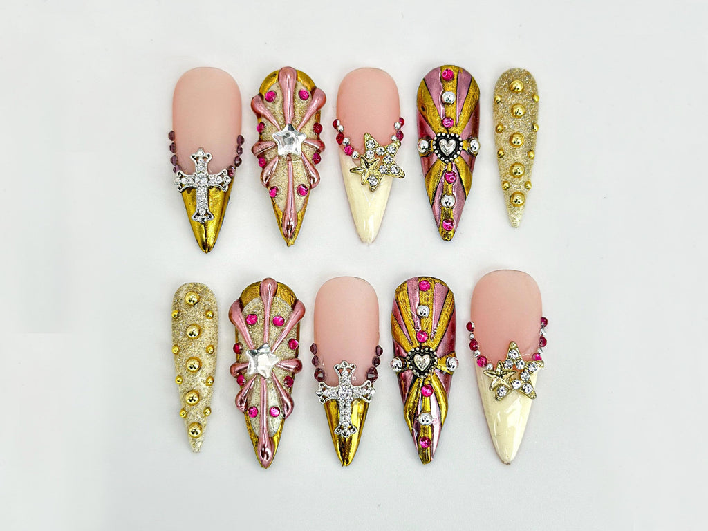Handcrafted Gold Almond Press-On Nails | Rhinestones and Cross Charms Designs | Unique Luxury Nail Art | Elegant Details | JB611H