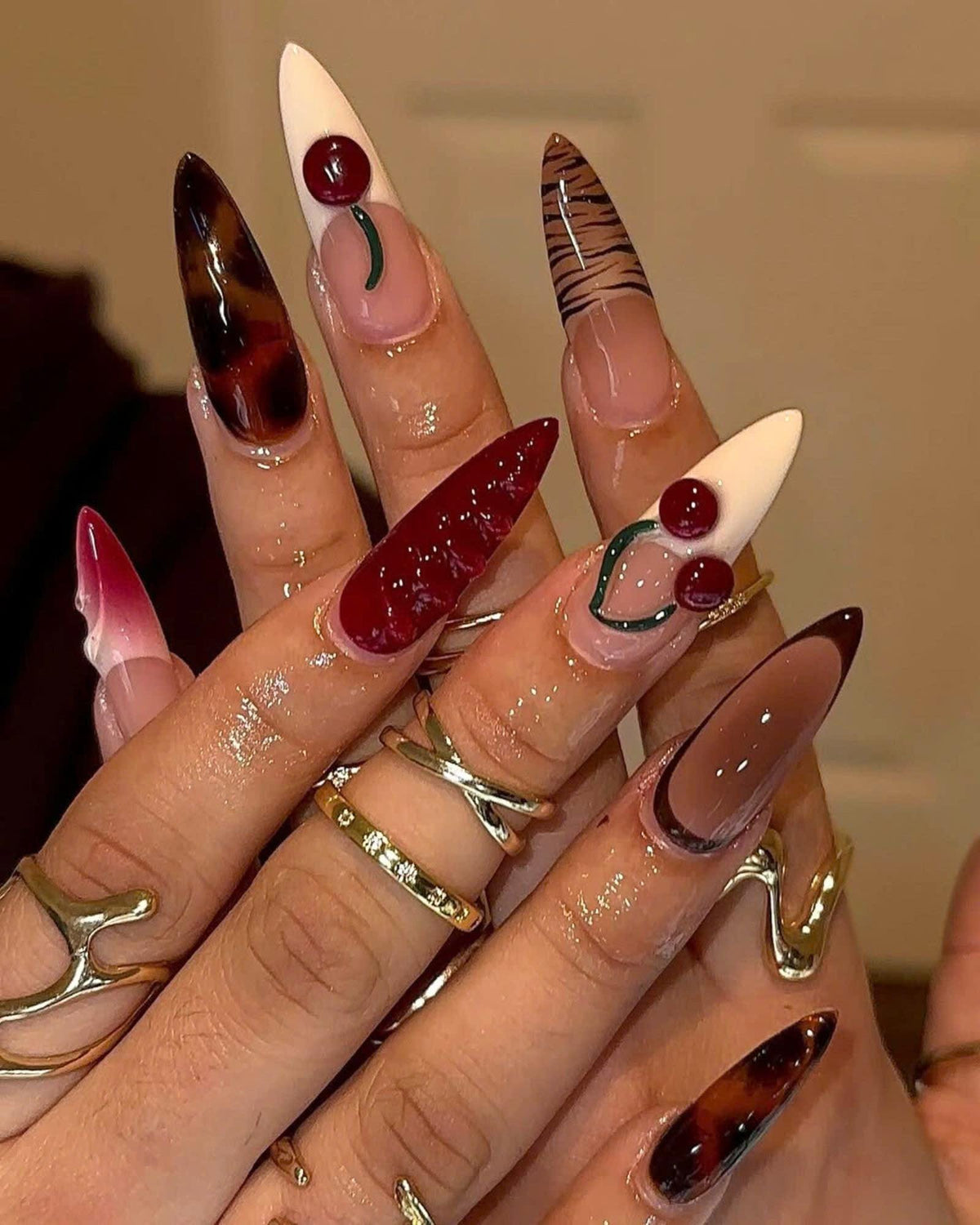 Autumn & Cherry Press On Nail, Long Stiletto Fall Nail Set with Cheetah Print, French Tips Nail, Brown Nail Art, Birthday Holiday Party Nail