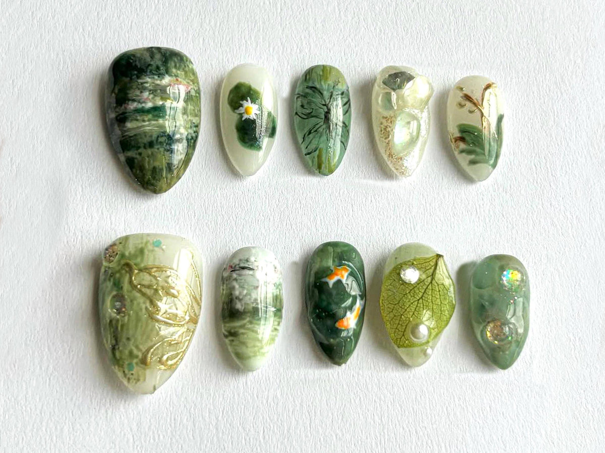 Elegant 3D Nature Press On Nails | Nature-Inspired Green Nails with Realistic Koi and Leaf Designs | Real Leaf Accents | JB575H