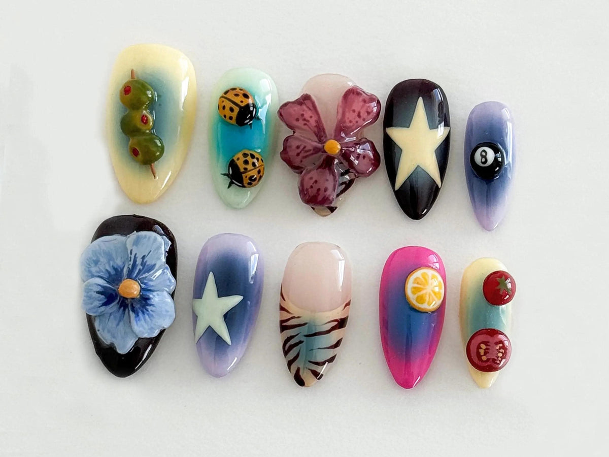 Whimsical Nature Mix Long Almond Nails | Durable and Stylish False Nails | Vegan and Cruelty-Free Nail Set | Unique Nail Art | JB526H