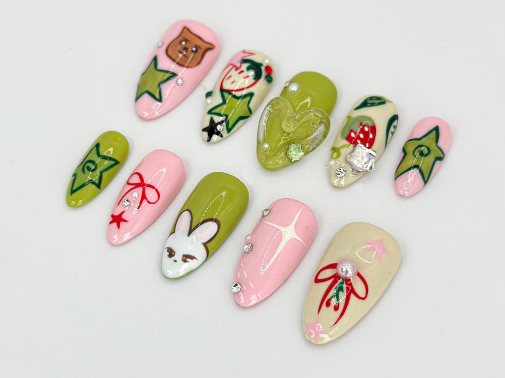 Custom Kawaii Bunny Press-On Nails  | Bunny and Star Designs | Pink & Green Nail Set | Adorable Bunny Theme | Handmade Nail Art | JB615HC