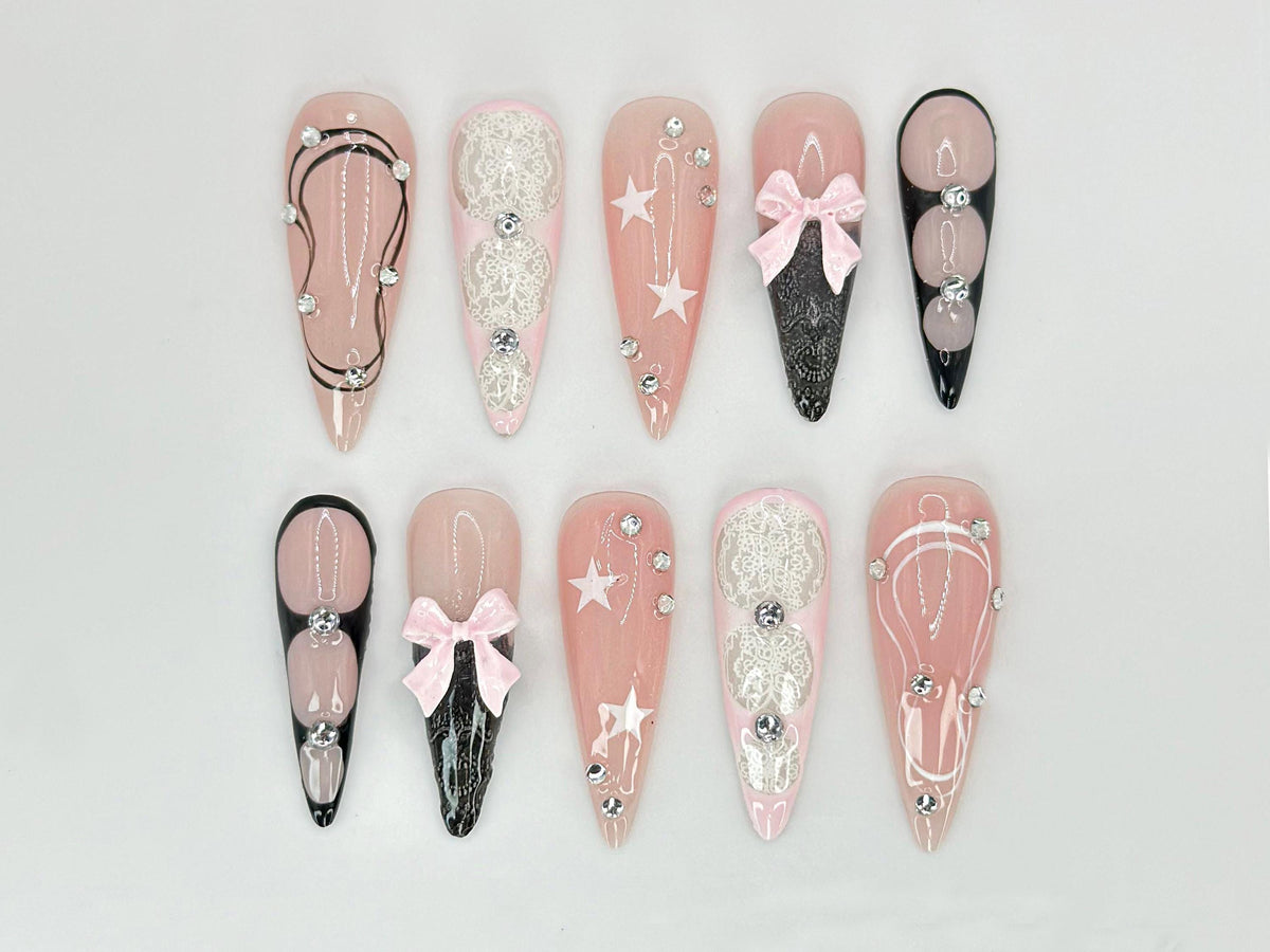 Luxury Lace-Inspired Press-On Nails | Elegant Pink and Black Lace Nail Art  | Glamorous Rhinestone Bow Nails | Customizable Elegance|JC662HC