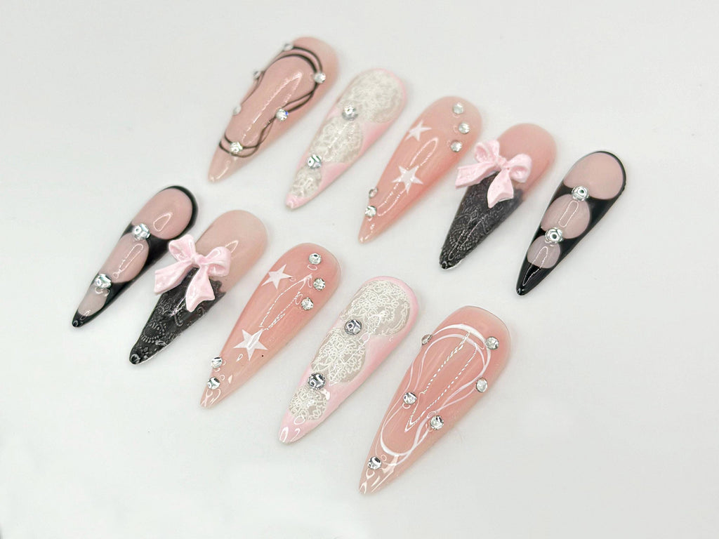 Luxury Lace-Inspired Press-On Nails | Elegant Pink and Black Lace Nail Art  | Glamorous Rhinestone Bow Nails | Customizable Elegance|JC662HC