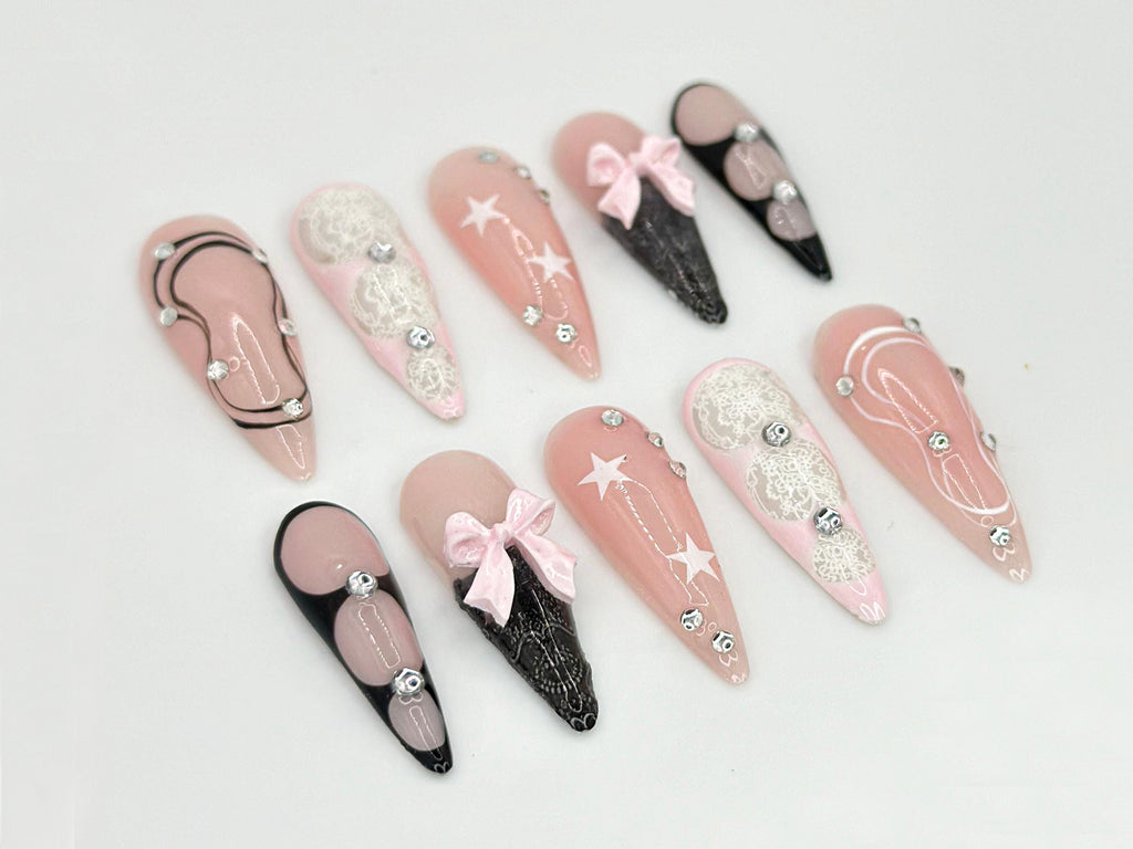 Luxury Lace-Inspired Press-On Nails | Elegant Pink and Black Lace Nail Art  | Glamorous Rhinestone Bow Nails | Customizable Elegance|JC662HC
