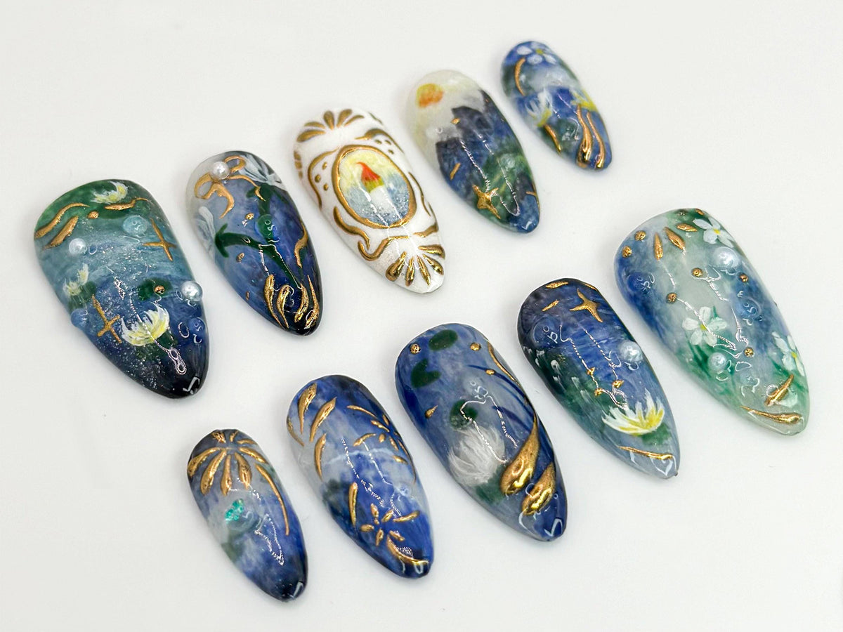 Handcrafted Galaxy Press On Nails | Blue and Gold Star Nails | Mystical Cosmic Nail Art | Galaxy-Inspired Luxury Nails | Dreamy Nail|JB579HK