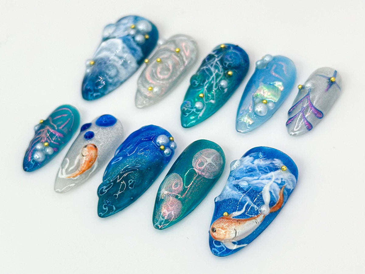 Blue Ocean Press On Nails | Stunning Blue Koi Fish Nails | Jellyfish Nails Art | Ocean Waves, Gold Accents | Luxury Nail Design | JB580HC